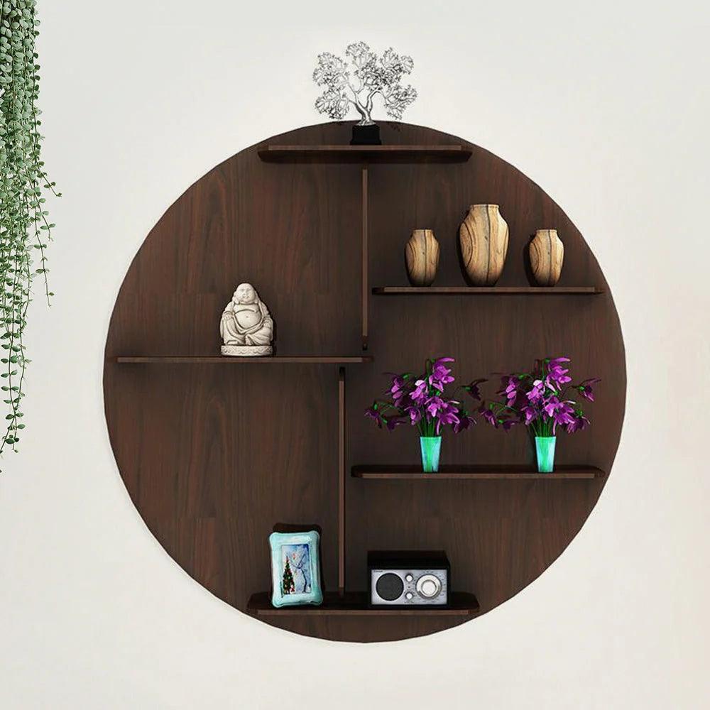 Circle Shape Dark Backlit Designer Wooden Wall Shelf / Book Shelf / Night Light, Walnut Finish - Decor Mantra 