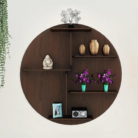 Circle Shape Dark Backlit Designer Wooden Wall Shelf / Book Shelf / Night Light, Walnut Finish - Decor Mantra 