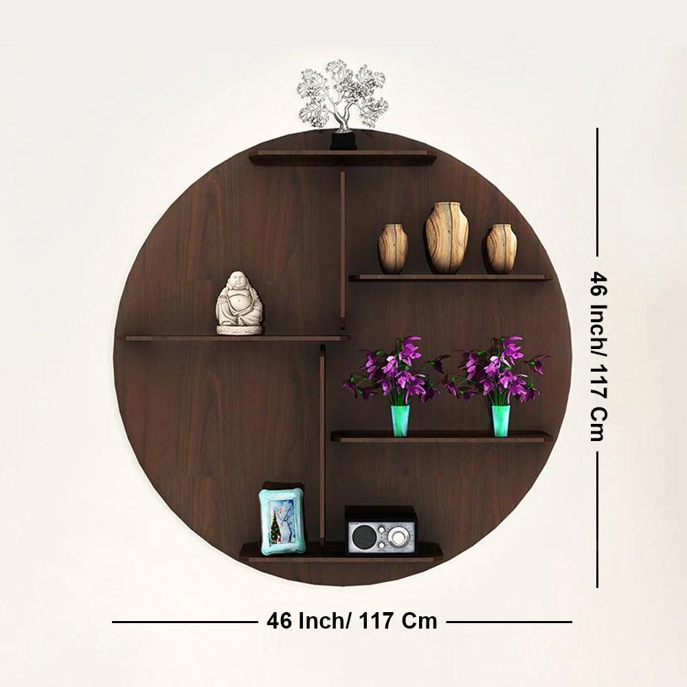 Circle Shape Dark Backlit Designer Wooden Wall Shelf / Book Shelf / Night Light, Walnut Finish - Decor Mantra 