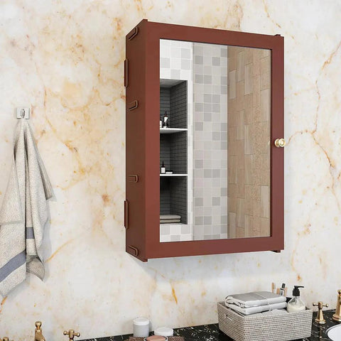 Classic Structured Wooden Bathroom Cabinet Mirror with 7 Spacious Shelves with Solid Brown Finish - Decor Mantra 