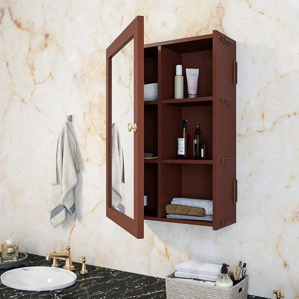 Classic Structured Wooden Bathroom Cabinet Mirror with 7 Spacious Shelves with Solid Brown Finish - Decor Mantra 