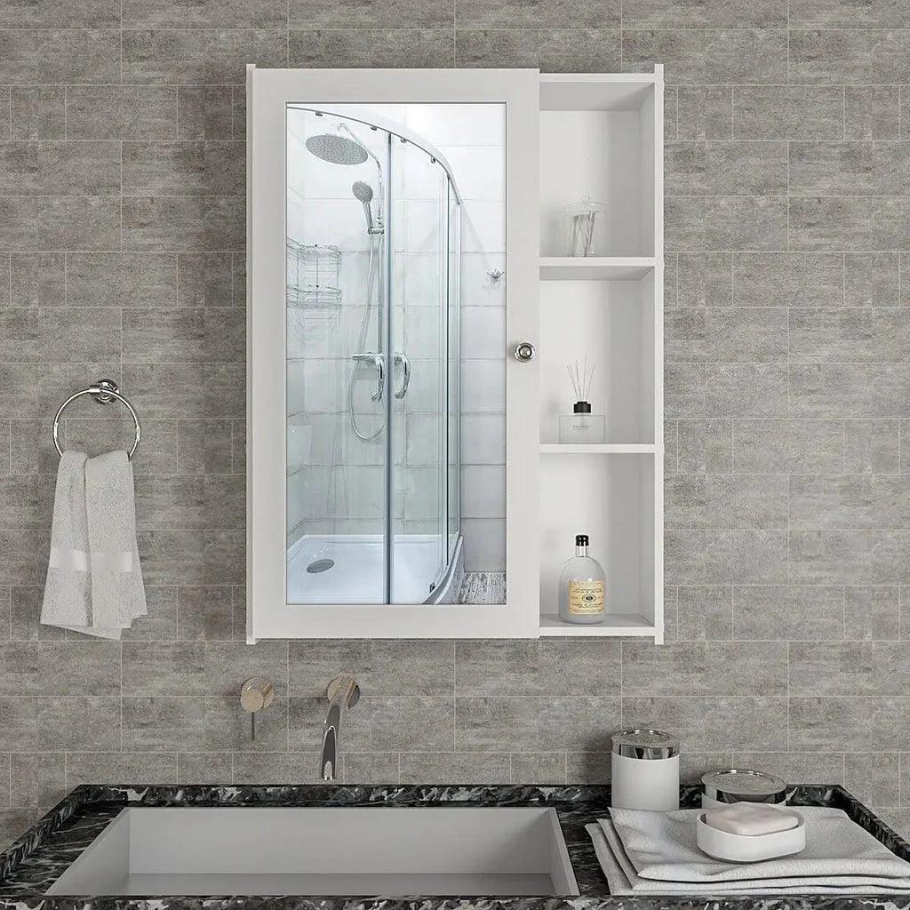 Classic Style White Finish Wooden Bathroom Mirror Cabinet with 5 Spacious Shelves - Decor Mantra 