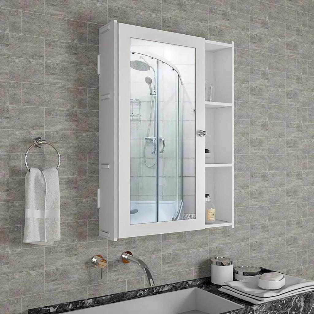 Classic Style White Finish Wooden Bathroom Mirror Cabinet with 5 Spacious Shelves - Decor Mantra 