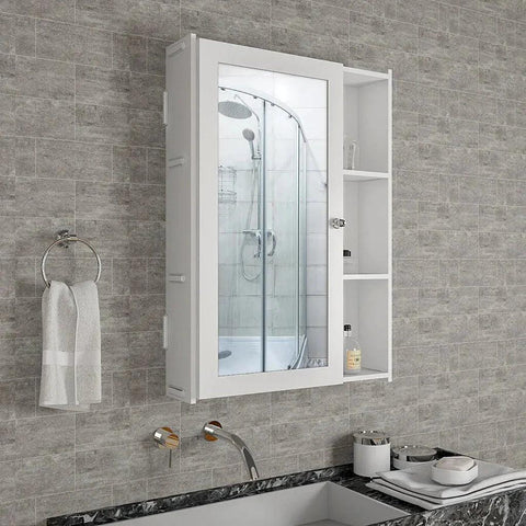 Classic Style White Finish Wooden Bathroom Mirror Cabinet with 5 Spacious Shelves - Decor Mantra 