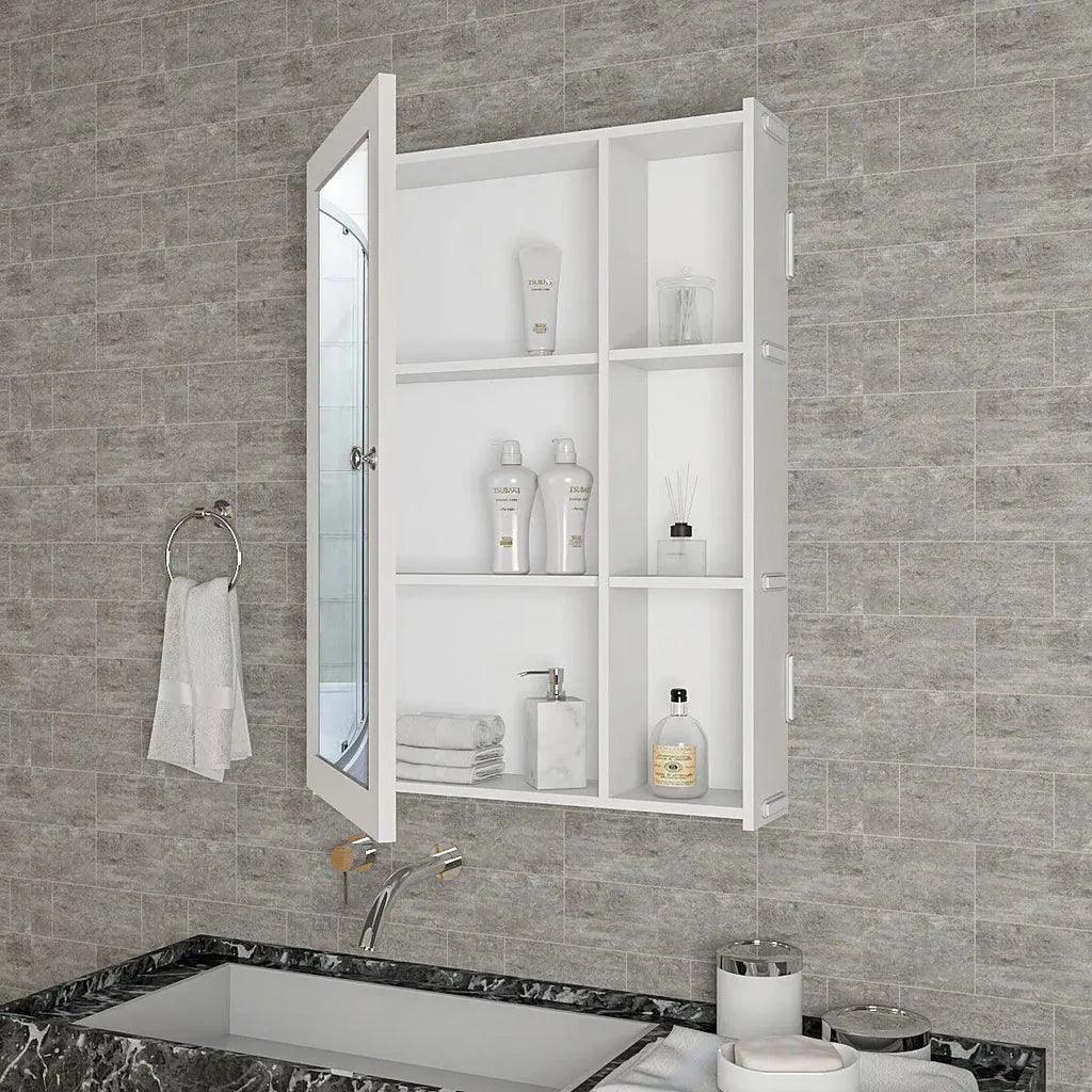 Classic Style White Finish Wooden Bathroom Mirror Cabinet with 5 Spacious Shelves - Decor Mantra 