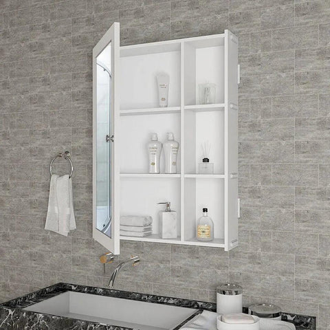 Classic Style White Finish Wooden Bathroom Mirror Cabinet with 5 Spacious Shelves - Decor Mantra 