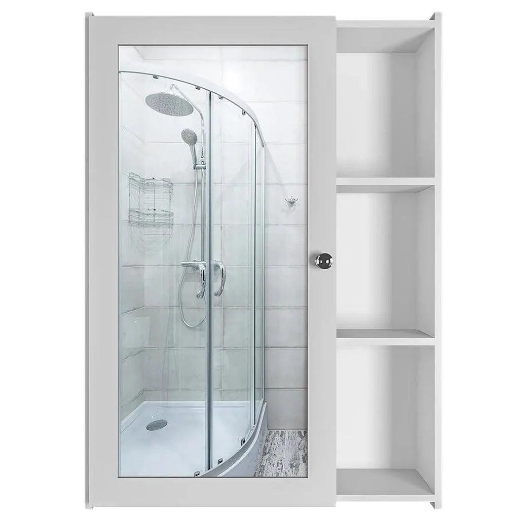 Classic Style White Finish Wooden Bathroom Mirror Cabinet with 5 Spacious Shelves - Decor Mantra 