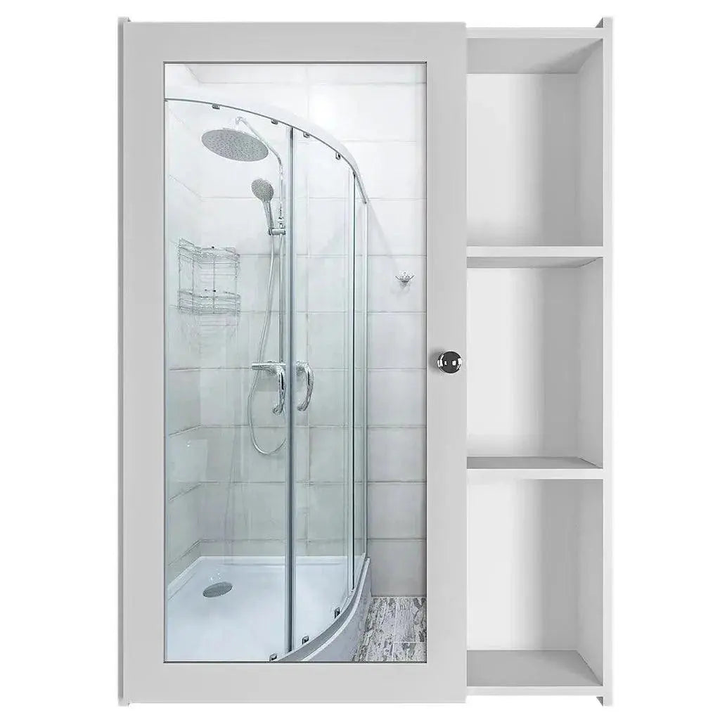 Classic Style White Finish Wooden Bathroom Mirror Cabinet with 5 Spacious Shelves - Decor Mantra 