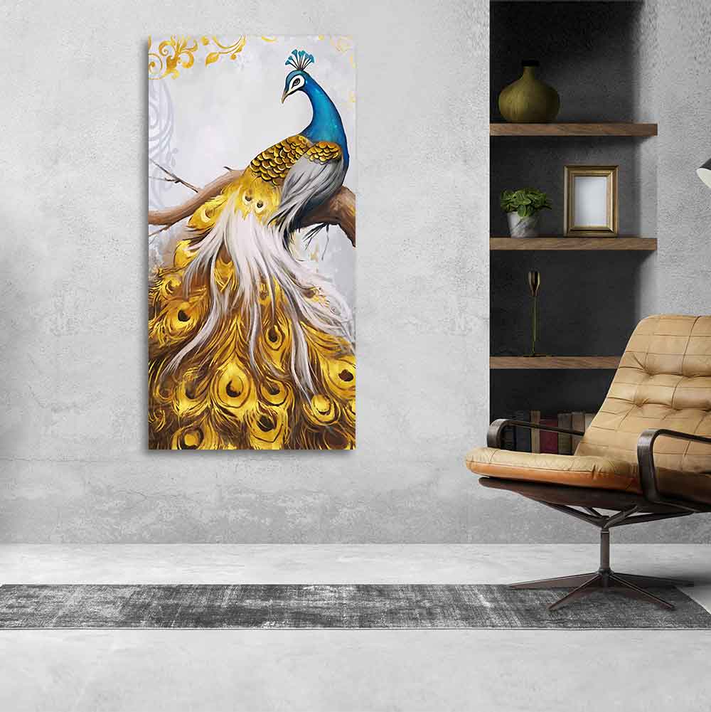 Classic Wall Painting of A Golden Feather Peacock DECORMANTRA