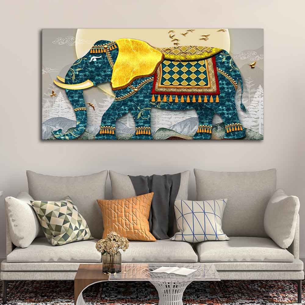 Classic and Royal Elephant with Golden Tusks wall Painting DECORMANTRA