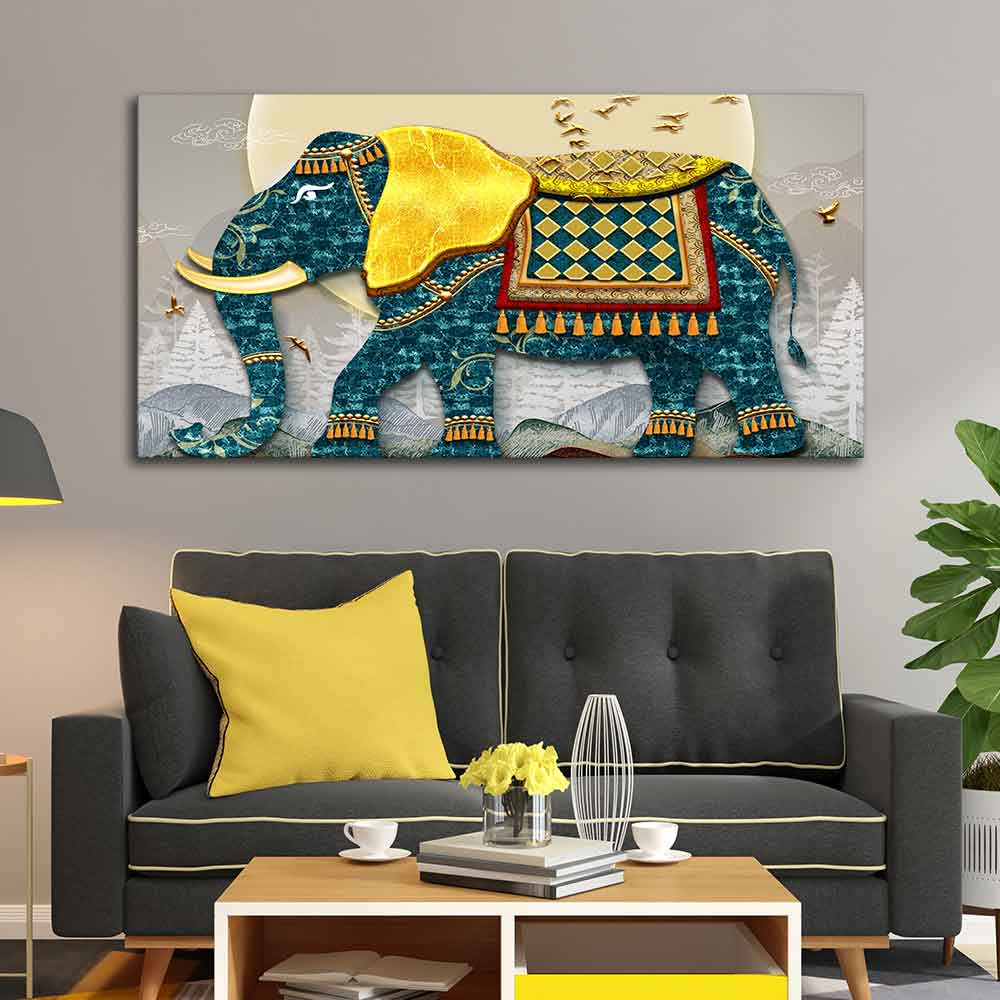 Classic and Royal Elephant with Golden Tusks wall Painting DECORMANTRA
