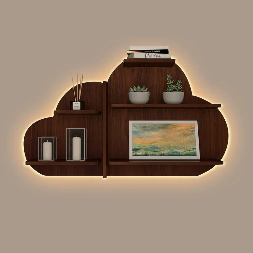 Cloud Shape Backlit Designer Wooden Wall Shelf / Book Shelf / Night Light, Walnut Finish - Decor Mantra 