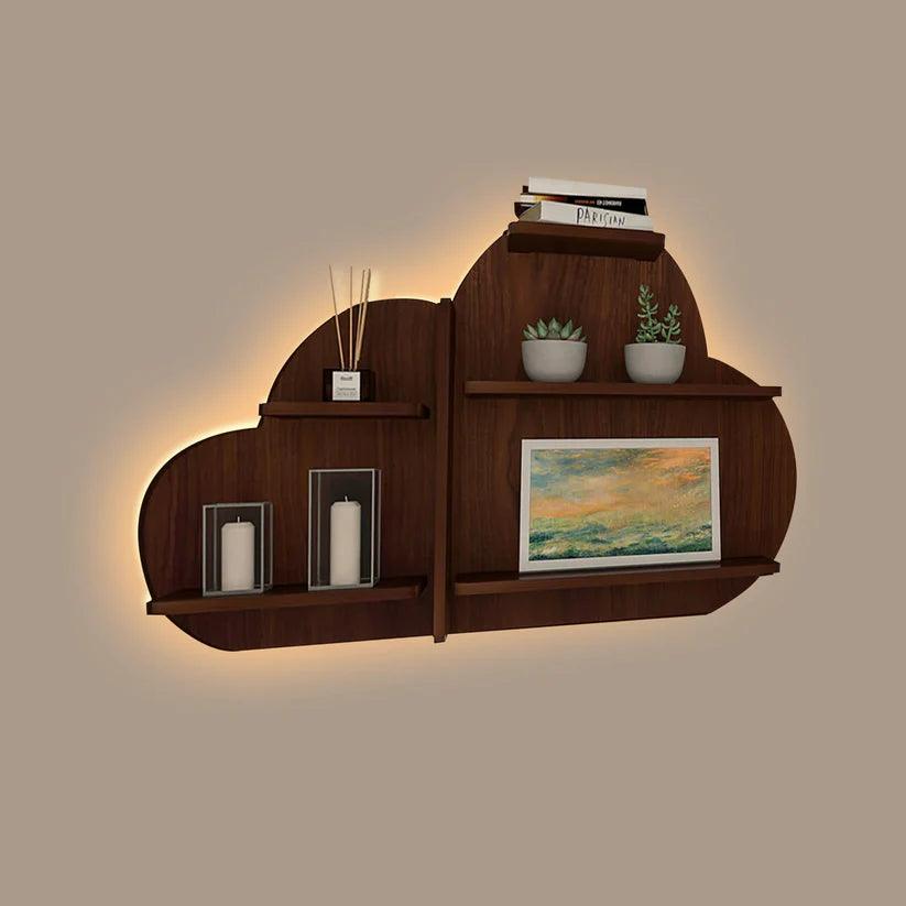 Cloud Shape Backlit Designer Wooden Wall Shelf / Book Shelf / Night Light, Walnut Finish - Decor Mantra 