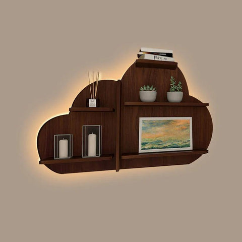 Cloud Shape Backlit Designer Wooden Wall Shelf / Book Shelf / Night Light, Walnut Finish - Decor Mantra 