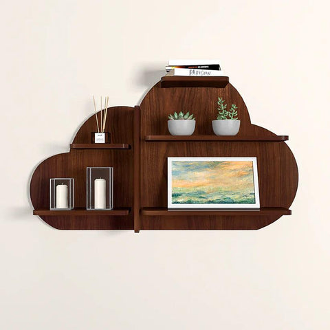 Cloud Shape Backlit Designer Wooden Wall Shelf / Book Shelf / Night Light, Walnut Finish - Decor Mantra 
