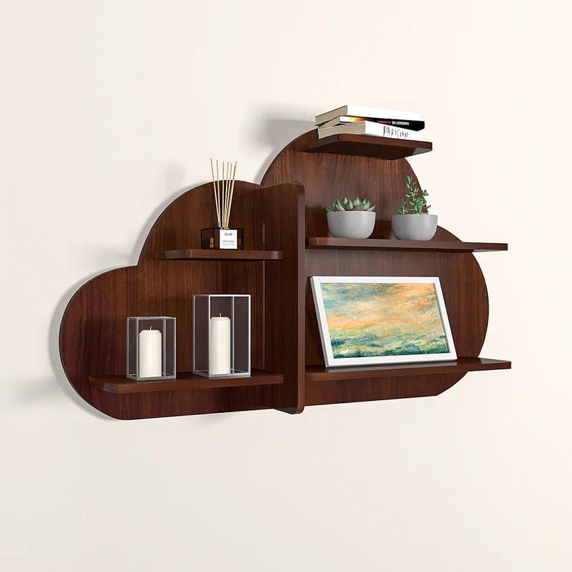 Cloud Shape Backlit Designer Wooden Wall Shelf / Book Shelf / Night Light, Walnut Finish - Decor Mantra 