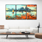 Colorful Art of Sea With Ship Floating Wall Painting Set of 3 DECORMANTRA