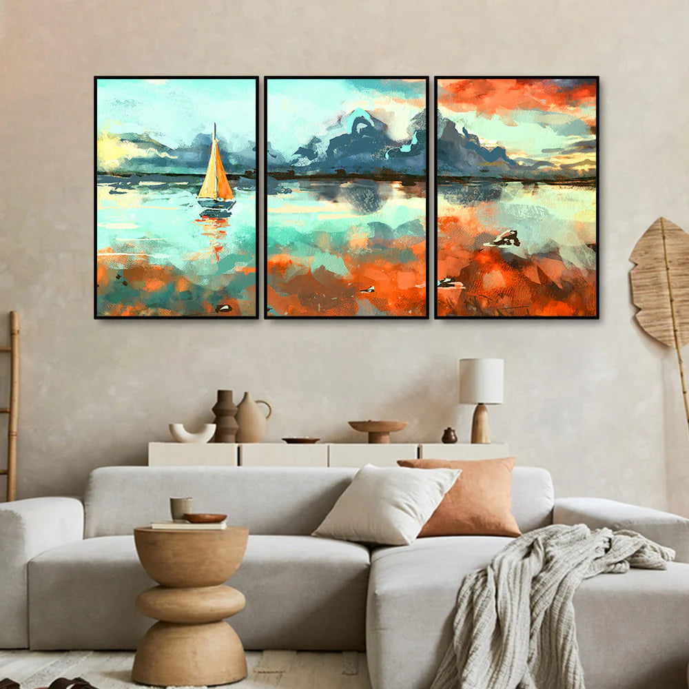Colorful Art of Sea With Ship Floating Wall Painting Set of 3 DECORMANTRA