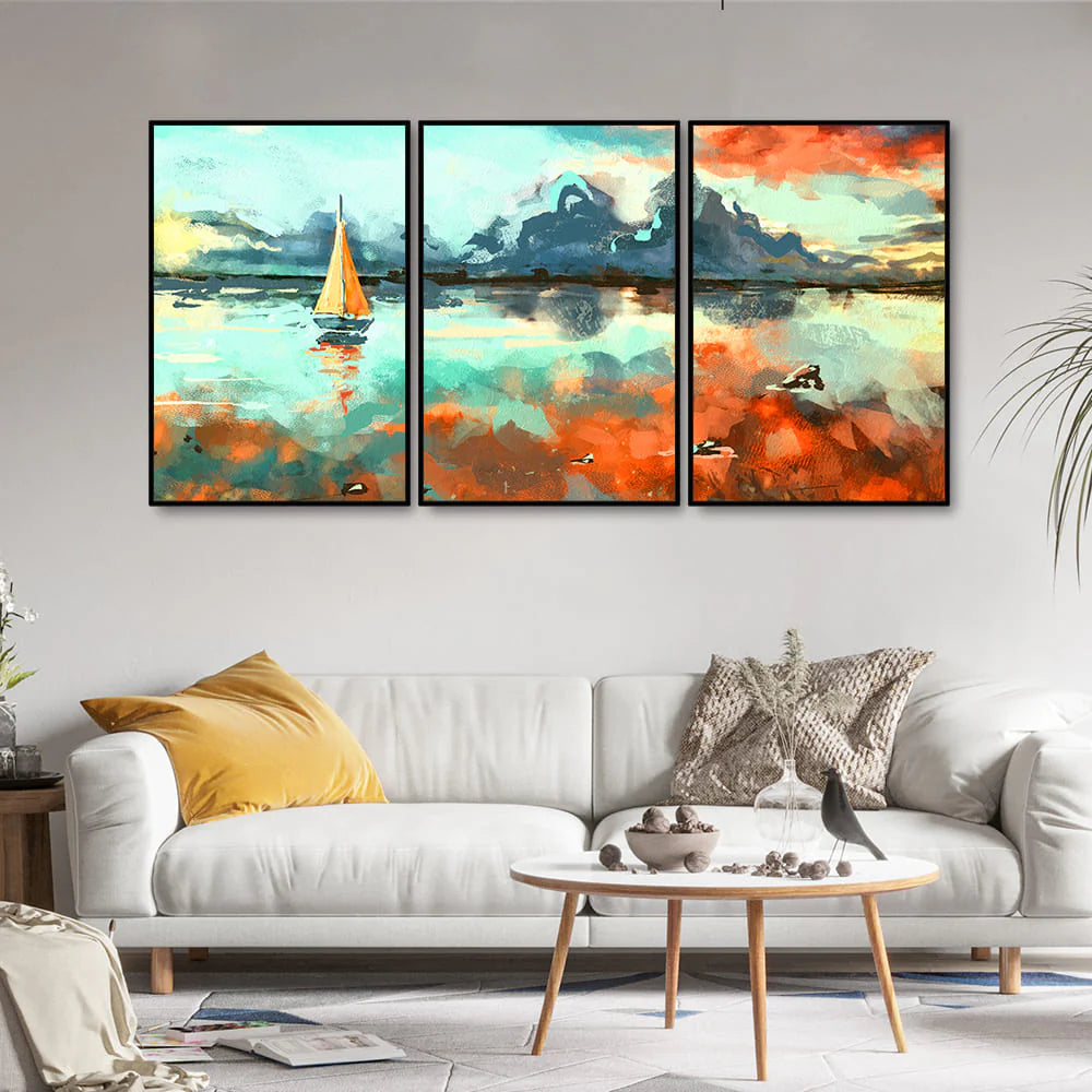 Colorful Art of Sea With Ship Floating Wall Painting Set of 3 DECORMANTRA