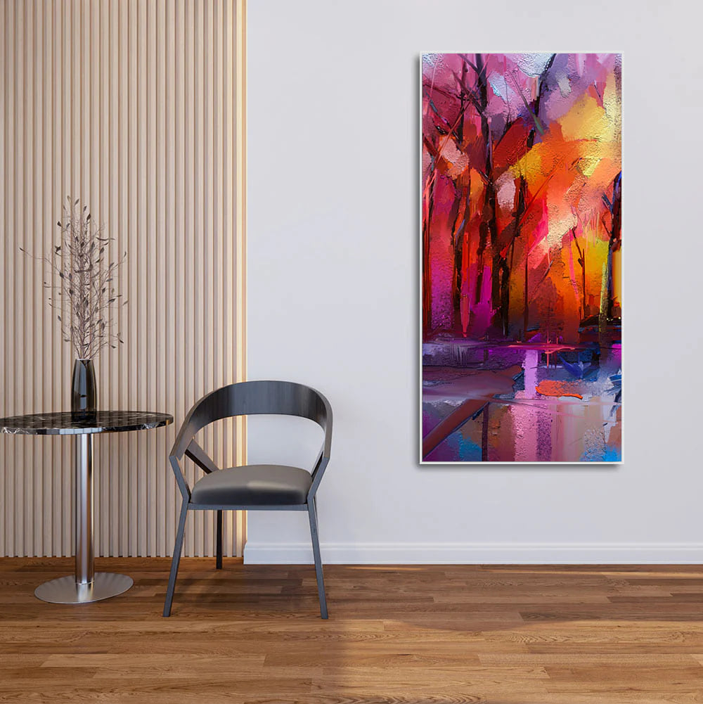 Colorful Autumn Trees Abstract Forest with Lake Canvas Wall Painting DECORMANTRA