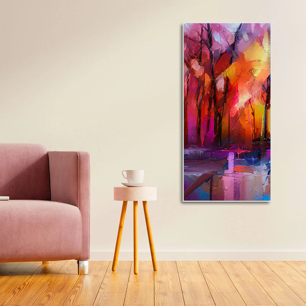 Colorful Autumn Trees Abstract Forest with Lake Canvas Wall Painting DECORMANTRA