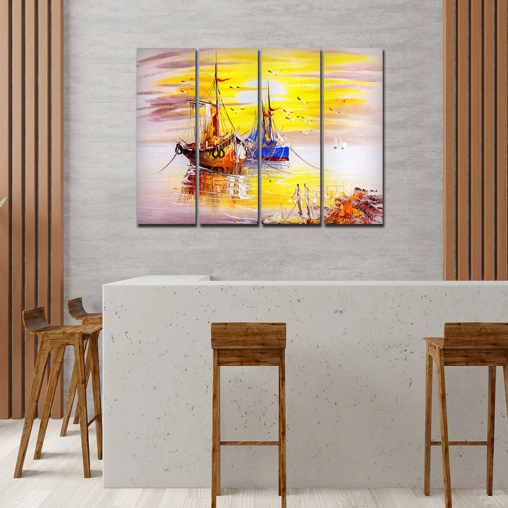 Colorful Boats 4 Pieces Canvas Wall Painting DECORMANTRA