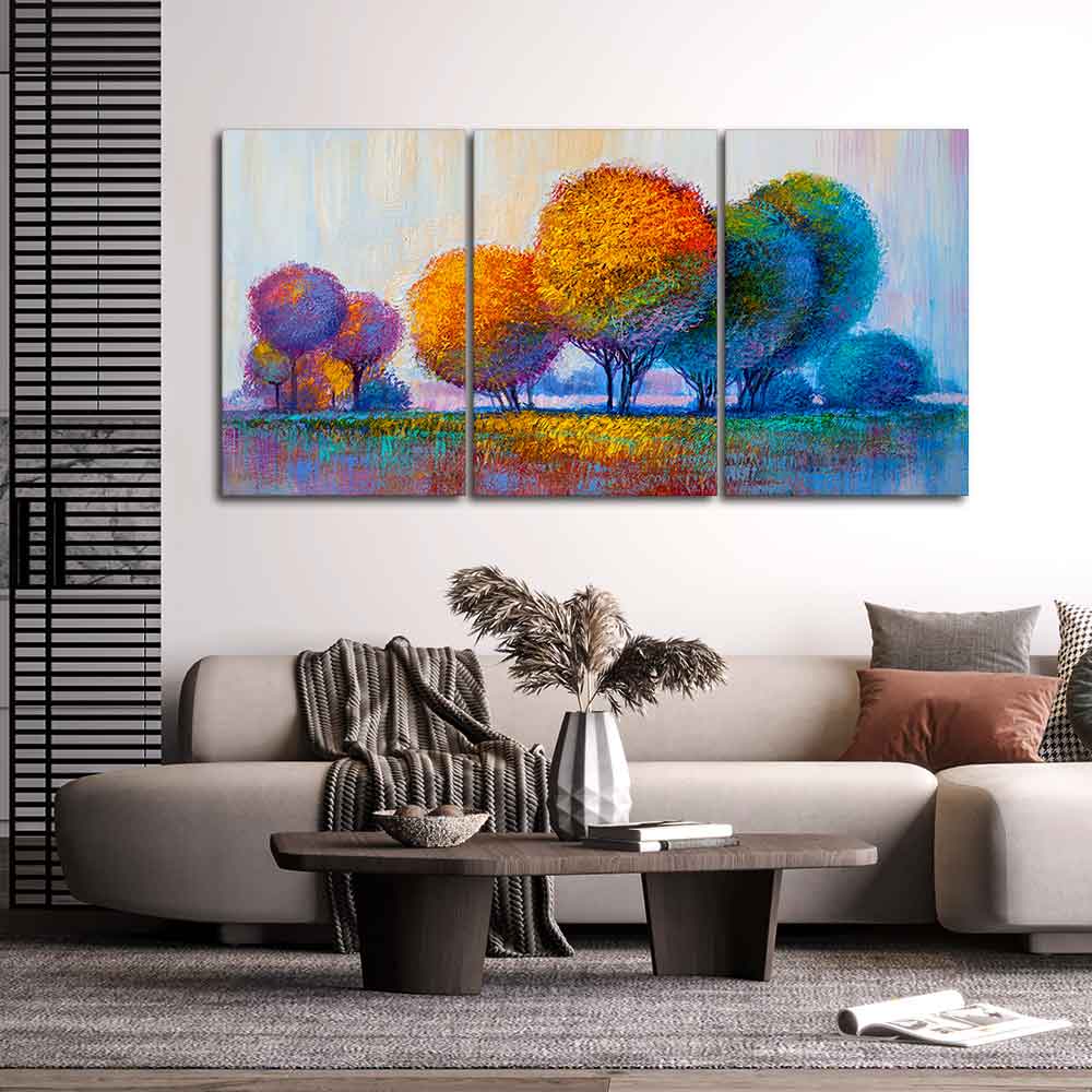 Colorful Round Trees Canvas Wall Painting of 3 Pieces DECORMANTRA