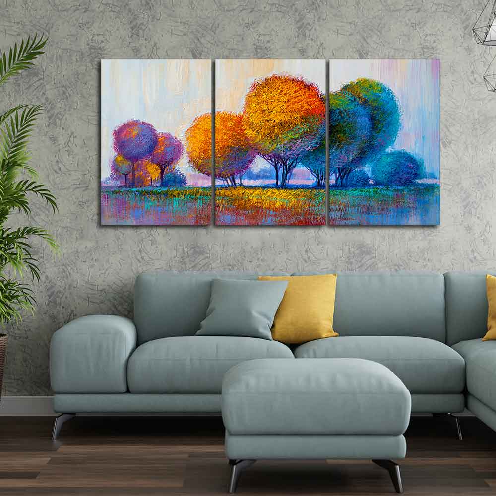 Colorful Round Trees Canvas Wall Painting of 3 Pieces DECORMANTRA