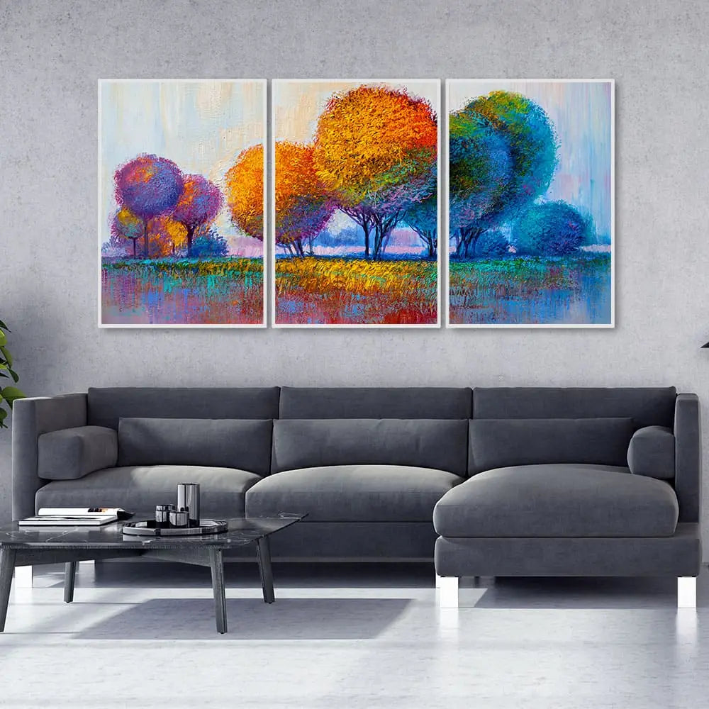 Colorful Rounded Trees Floating Canvas Wall Painting Set of Three DECORMANTRA
