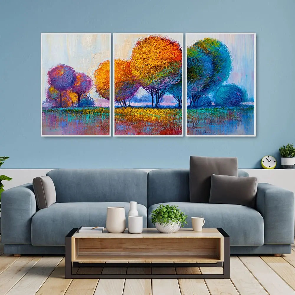Colorful Rounded Trees Floating Canvas Wall Painting Set of Three DECORMANTRA
