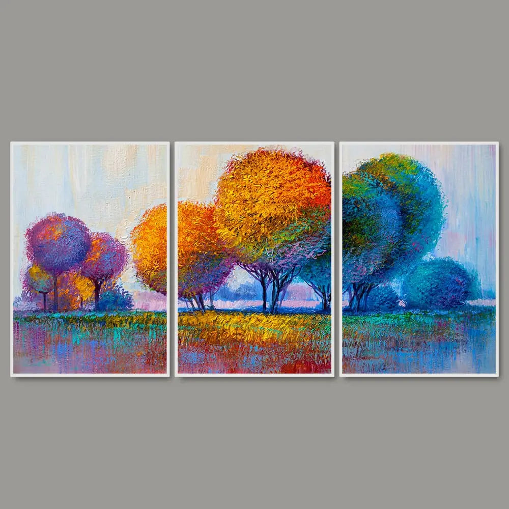 Colorful Rounded Trees Floating Canvas Wall Painting Set of Three DECORMANTRA