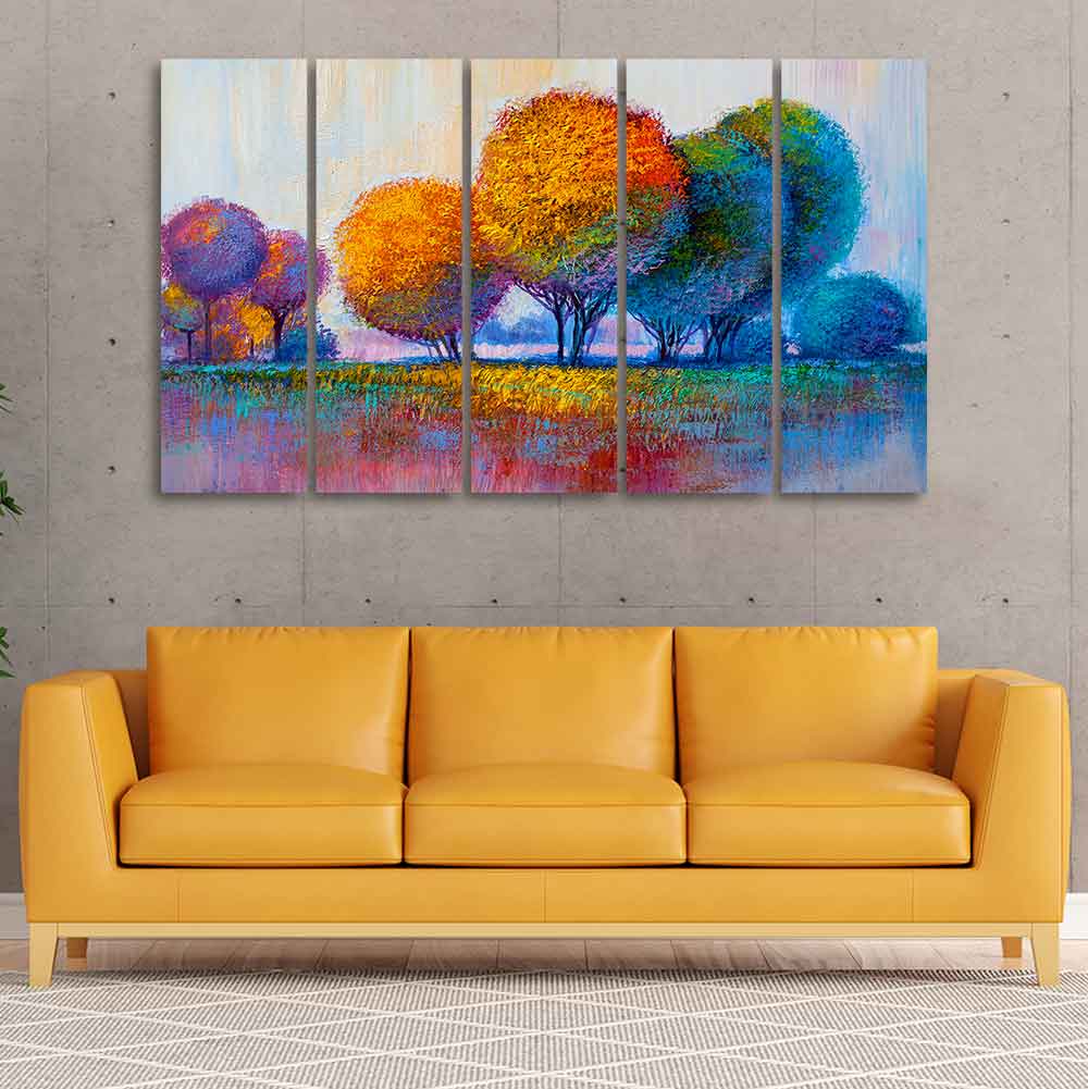 Colorful Trees Premium Canvas Wall Painting of Five Pieces DECORMANTRA