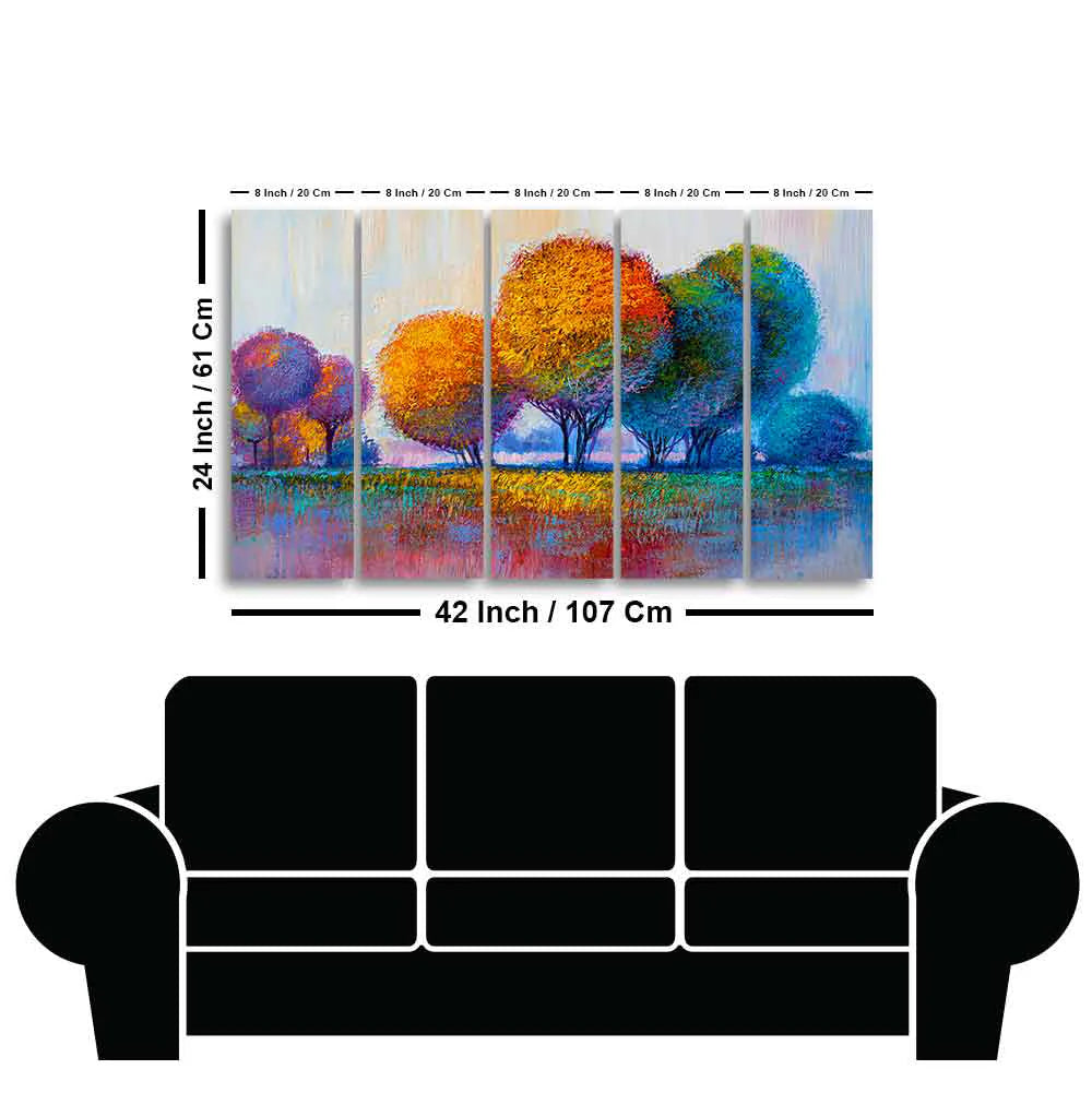 Colorful Trees Premium Canvas Wall Painting of Five Pieces DECORMANTRA