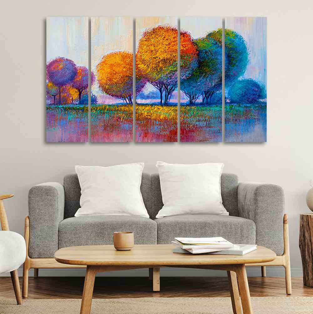 Colorful Trees Premium Canvas Wall Painting of Five Pieces DECORMANTRA