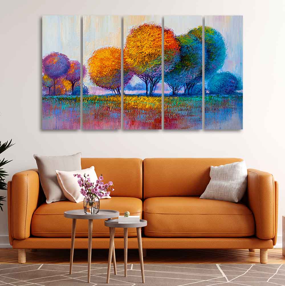 Colorful Trees Premium Canvas Wall Painting of Five Pieces DECORMANTRA