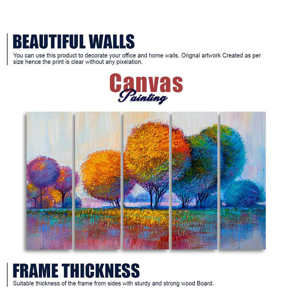 Colorful Trees Premium Canvas Wall Painting of Five Pieces DECORMANTRA