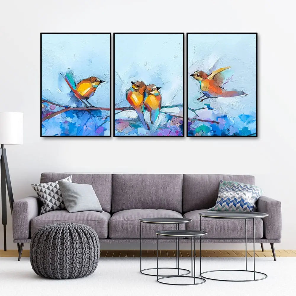 Couple Birds Colorful Art Premium Floating Wall Painting Set of 3 Decor Mantra