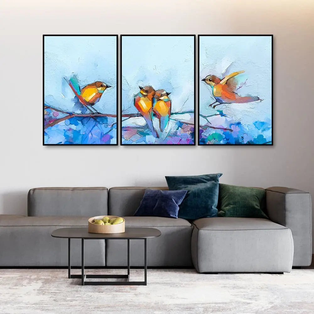Couple Birds Colorful Art Premium Floating Wall Painting Set of 3 Decor Mantra