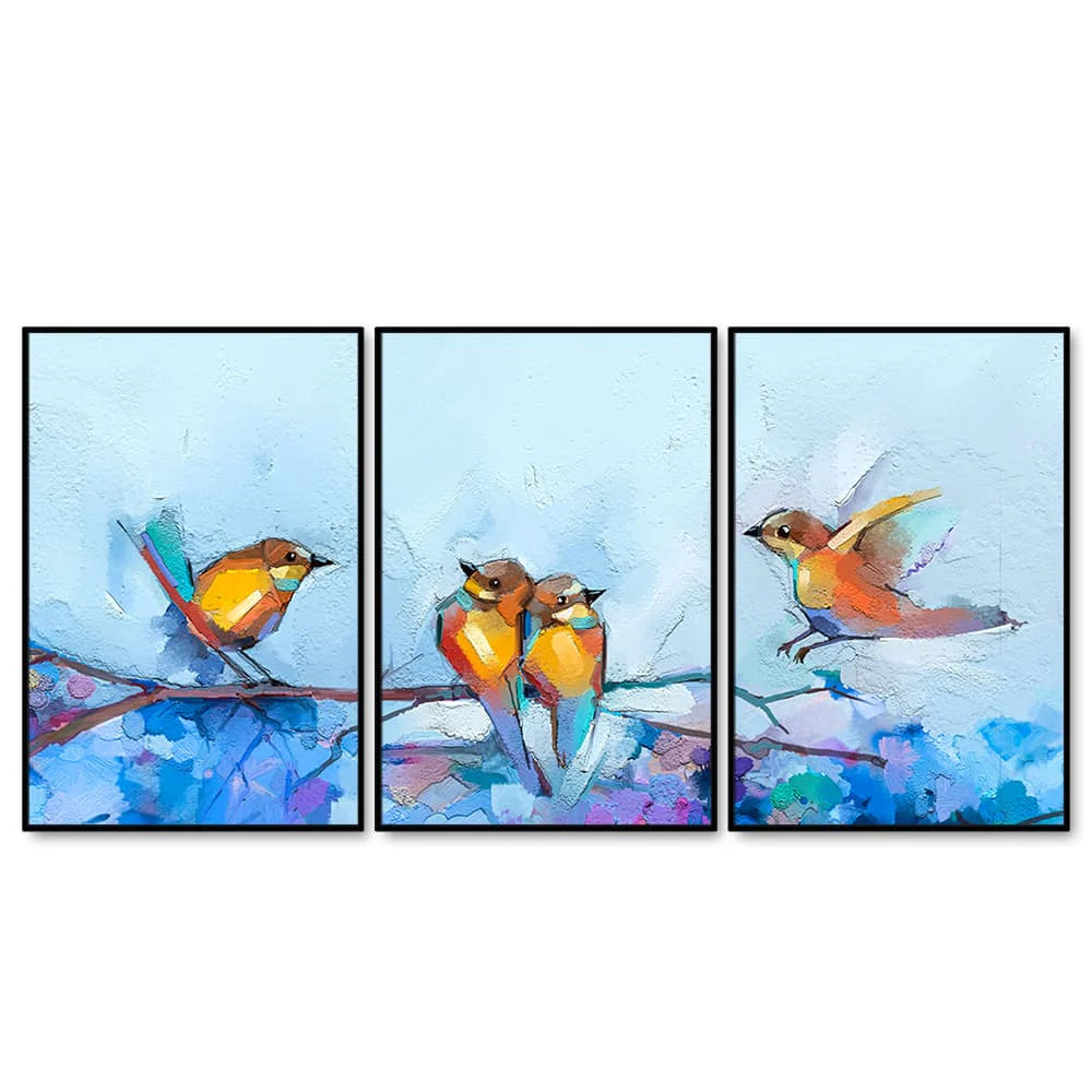 Couple Birds Colorful Art Premium Floating Wall Painting Set of 3 Decor Mantra