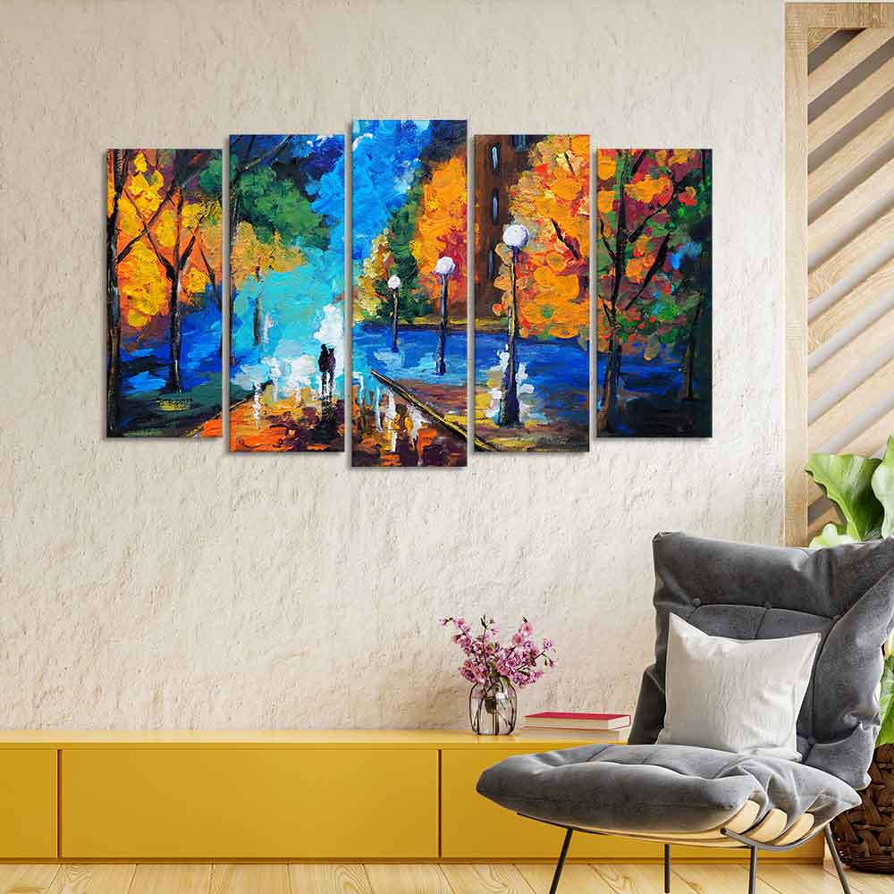 Couple Walking in City Park Canvas Wall Painting Set of Five DECORMANTRA
