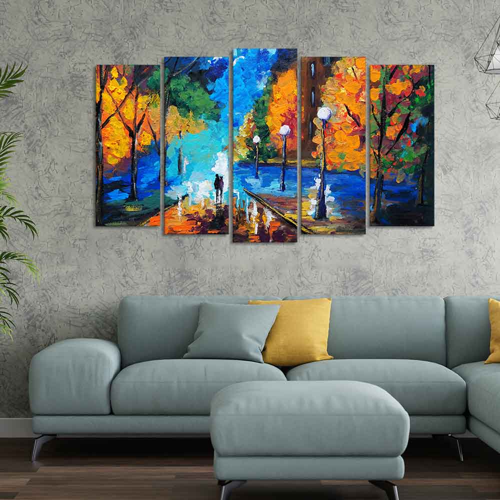Couple Walking in City Park Canvas Wall Painting Set of Five DECORMANTRA