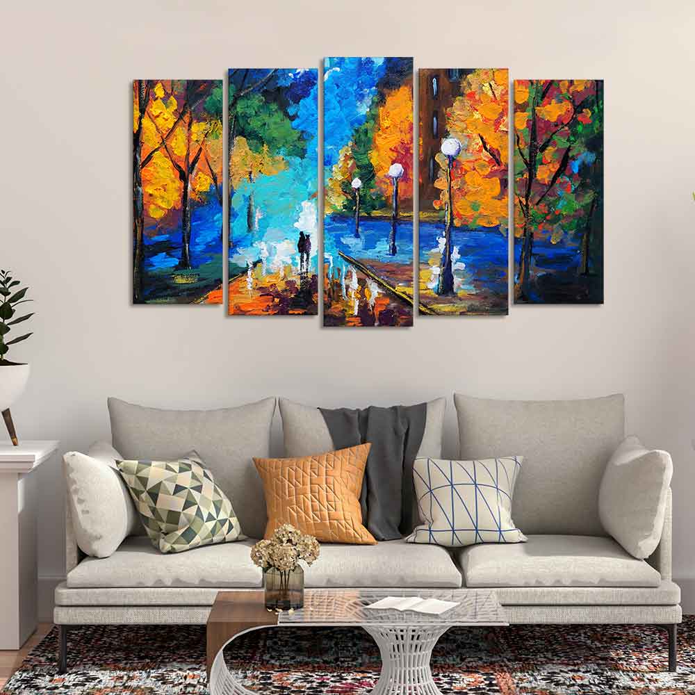 Couple Walking in City Park Canvas Wall Painting Set of Five DECORMANTRA