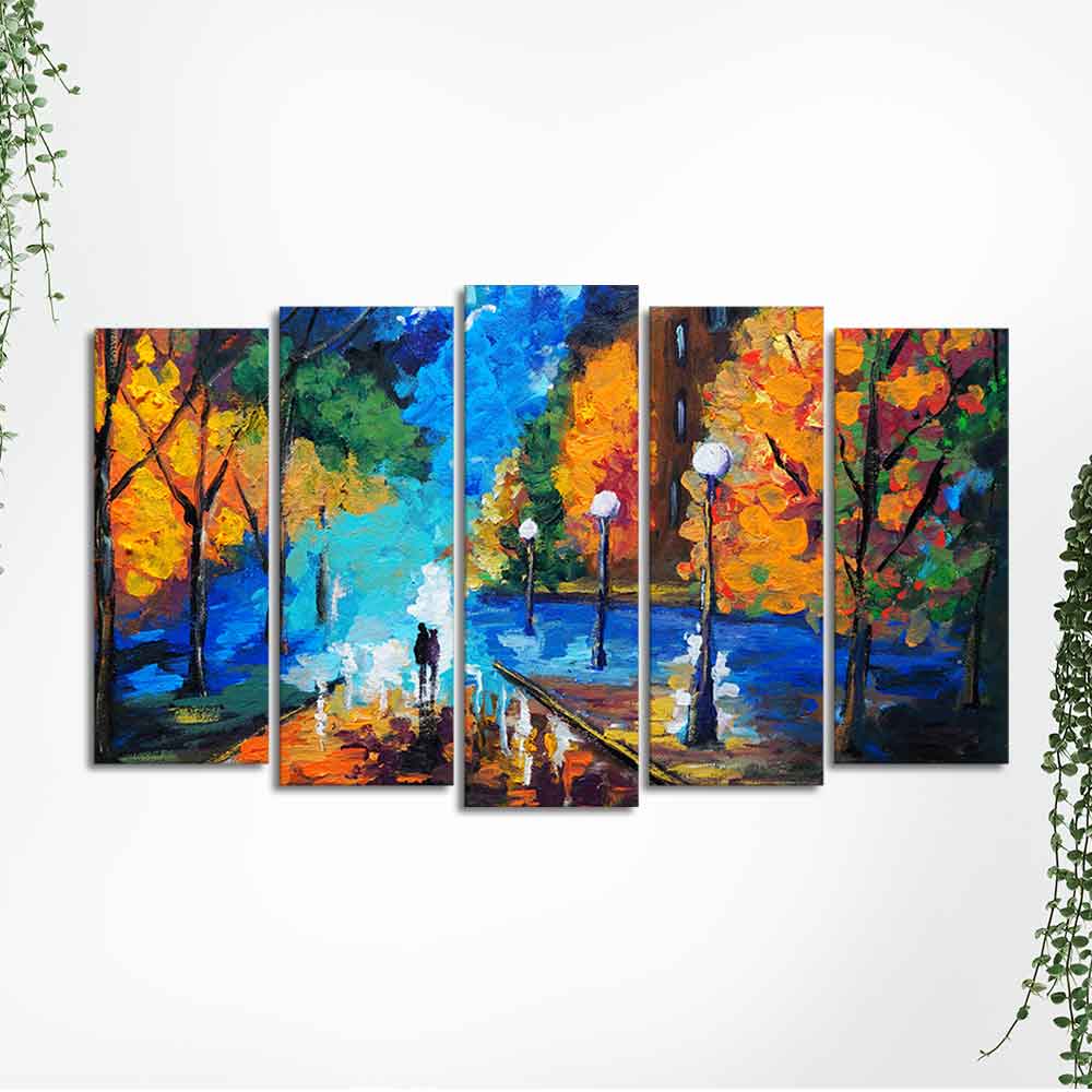 Couple Walking in City Park Canvas Wall Painting Set of Five DECORMANTRA