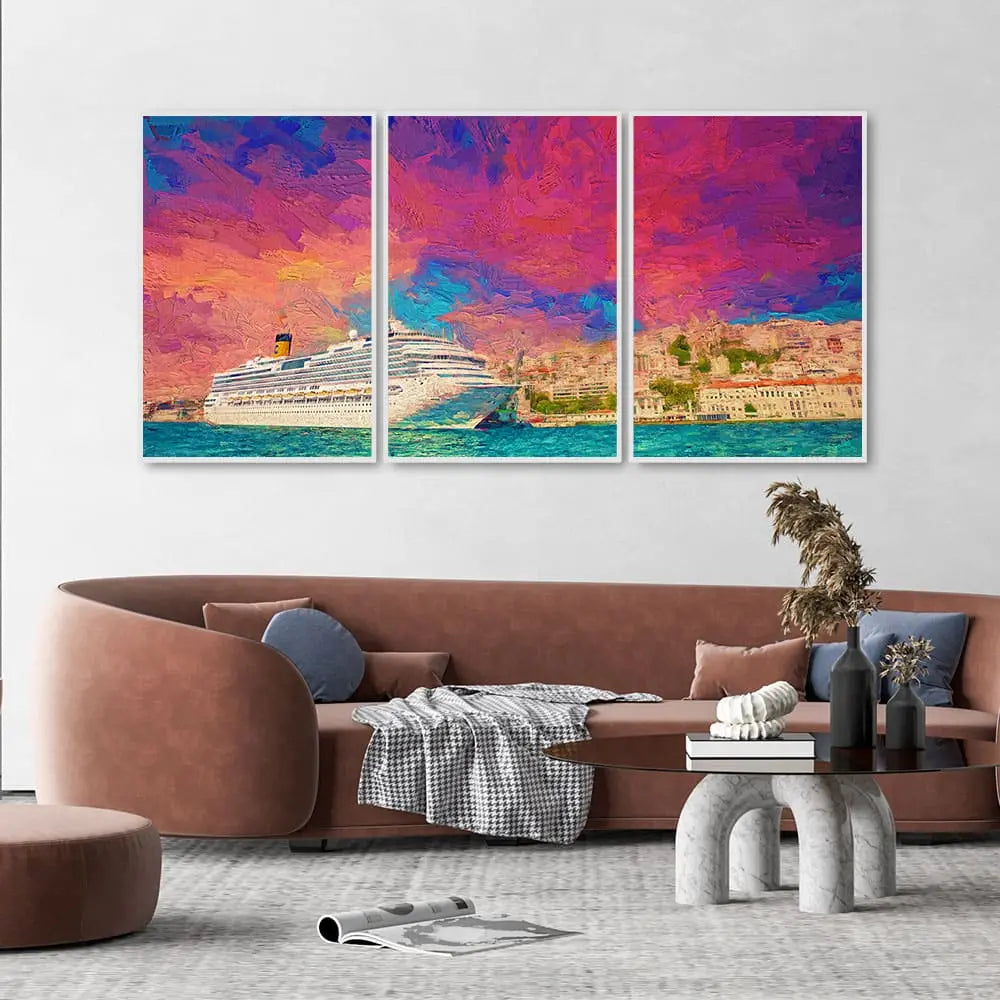 Cruise Ship at Harbour Floating Canvas Wall Painting Set of Three DECORMANTRA