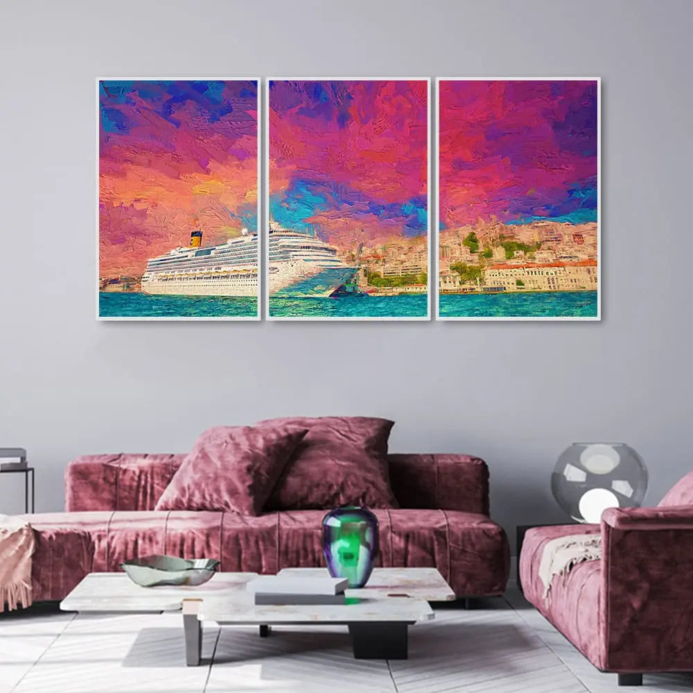 Cruise Ship at Harbour Floating Canvas Wall Painting Set of Three DECORMANTRA