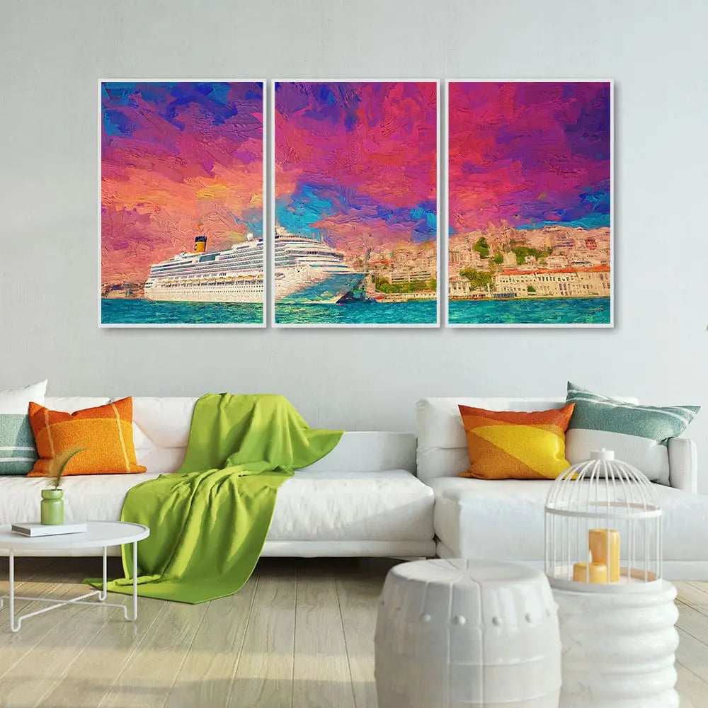 Cruise Ship at Harbour Floating Canvas Wall Painting Set of Three DECORMANTRA