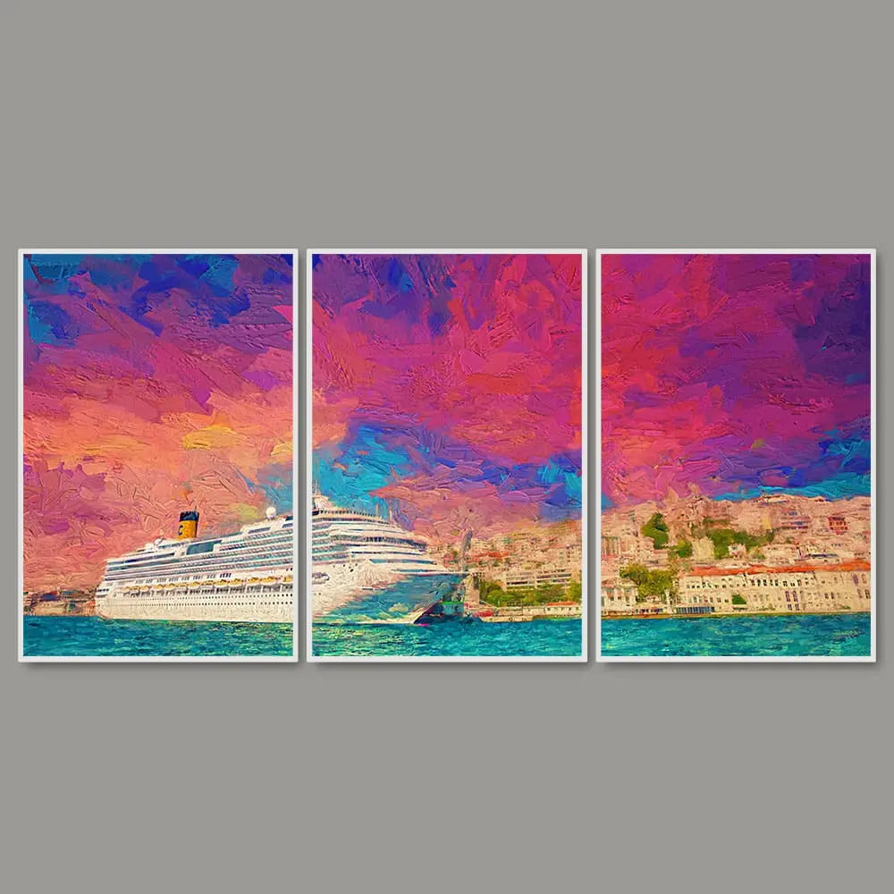 Cruise Ship at Harbour Floating Canvas Wall Painting Set of Three DECORMANTRA