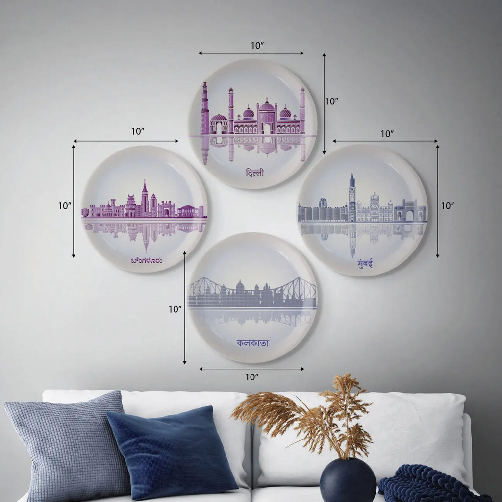 Urban Dreamscapes: Cityscape collage Artistry porcelain plate Set of 4 - Harshita Craft