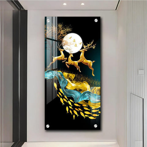 Artistic Jolly Deers with Koi Fish Vertical Wall Art in Premium Acrylic - Decor Mantra 