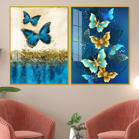 Blue and Golden Butterflies Acrylic Floating Wall Painting Set of 2 - Decor Mantra 